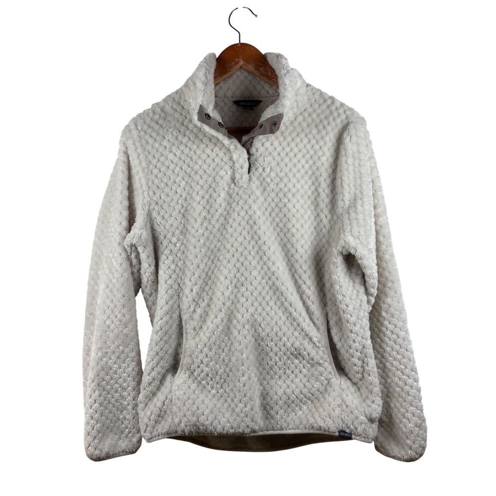 Eddie Bauer Womens Medium Plush Fleece Snap Neck Pullover Sweater Ivory‎ White